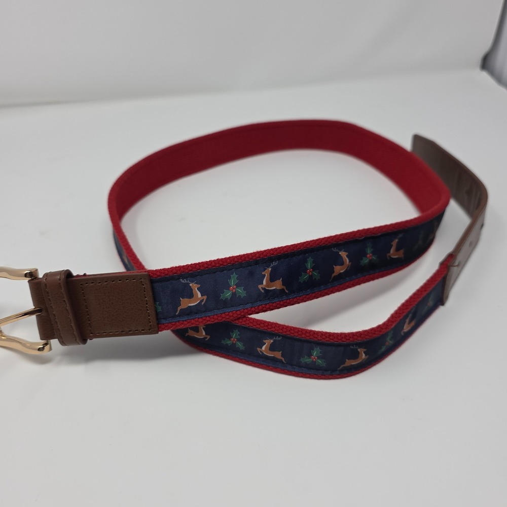 Charleston Threads Holiday Belt Mens XL (42-44) Navy Red Canvas Reindeer Holly